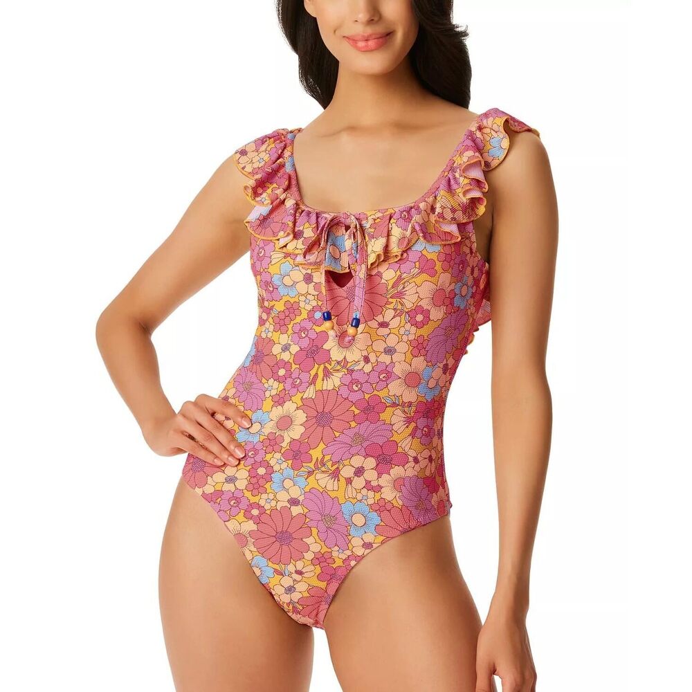 Jessica Simpson Women's Floral Rendevous Ruffled-Neck Swimsuit Size Small